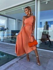 Full Size Single Shoulder Pleated Midi Dress Plus Size