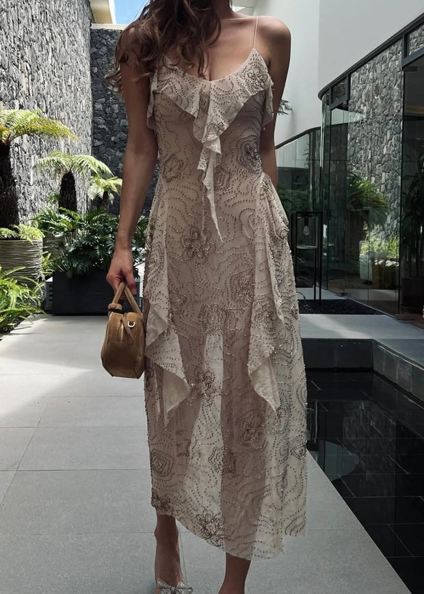 Elegant Beaded Layered Sleeveless Sling Dress