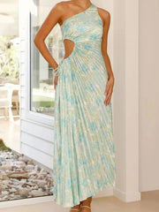 Full Size Single Shoulder Pleated Midi Dress Plus Size