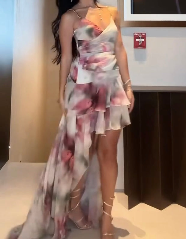 Sexy Suspender Pleated Ruffled Printed Dress