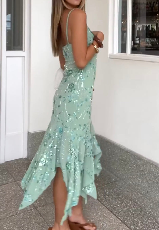 Sequined Embroidered Skirt Sexy Backless Spaghetti Straps Dress