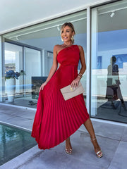 Full Size Single Shoulder Pleated Midi Dress Plus Size