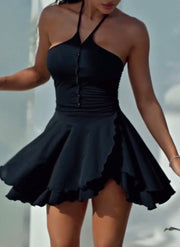 Slim Fit Slimming Halter Ruffled Single-Breasted Design Dress