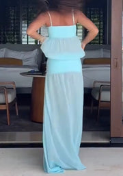 Sling Tube Top Sexy Long Dress Stitching See-through Waist Solid Color Dress