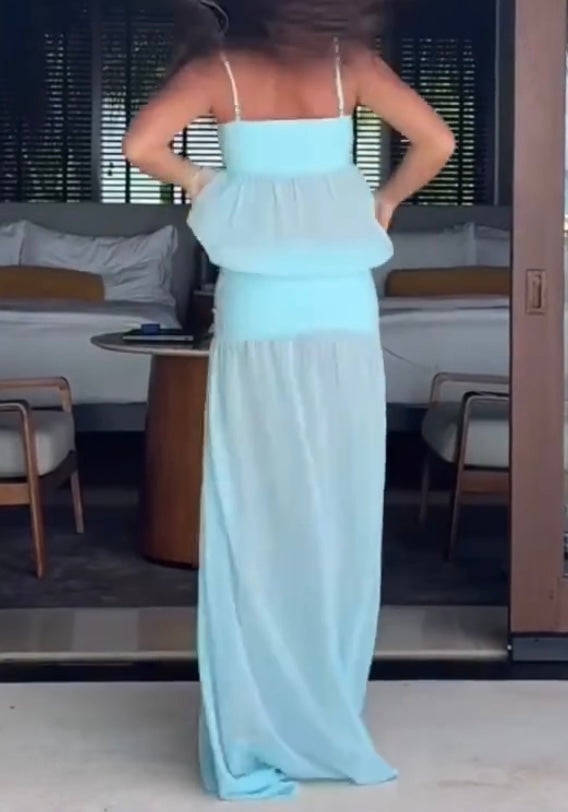 Sling Tube Top Sexy Long Dress Stitching See-through Waist Solid Color Dress