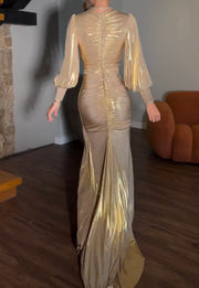 Elegant Deep V Satin Long Sleeve Pleated Dress