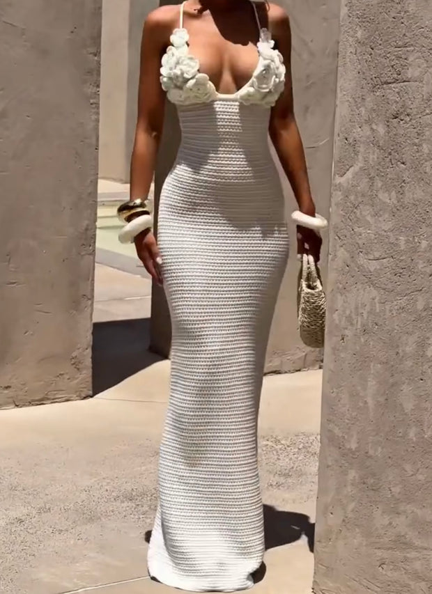 Sexy Sling Three-Dimensional Flower Wrapped Chest Knitted Dress