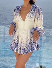 Elegant Fashion V-neck Long Sleeve Printed Short Dress