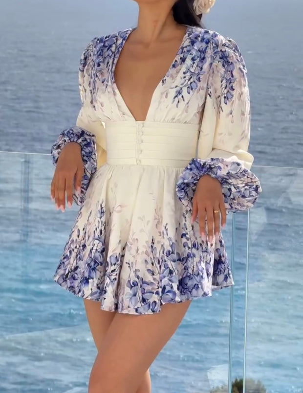 Elegant Fashion V-neck Long Sleeve Printed Short Dress