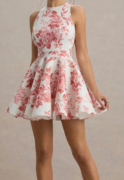 Fashion Temperament Printed Backless Lace up Waist Slimming Dress
