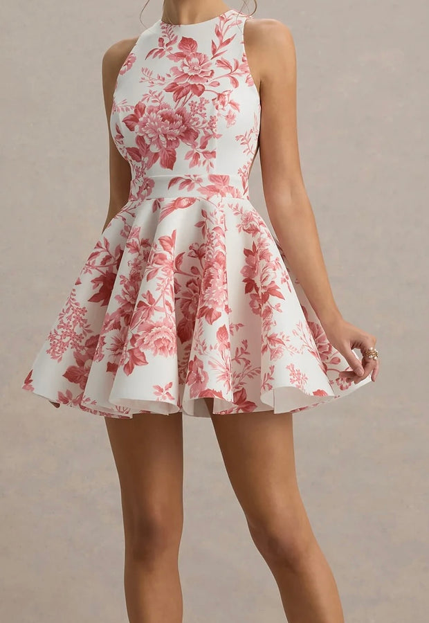 Fashion Temperament Printed Backless Lace up Waist Slimming Dress