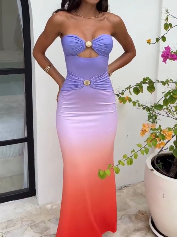 Sexy Bandeau Girdle Skinny Sheath Gradient Color Dress