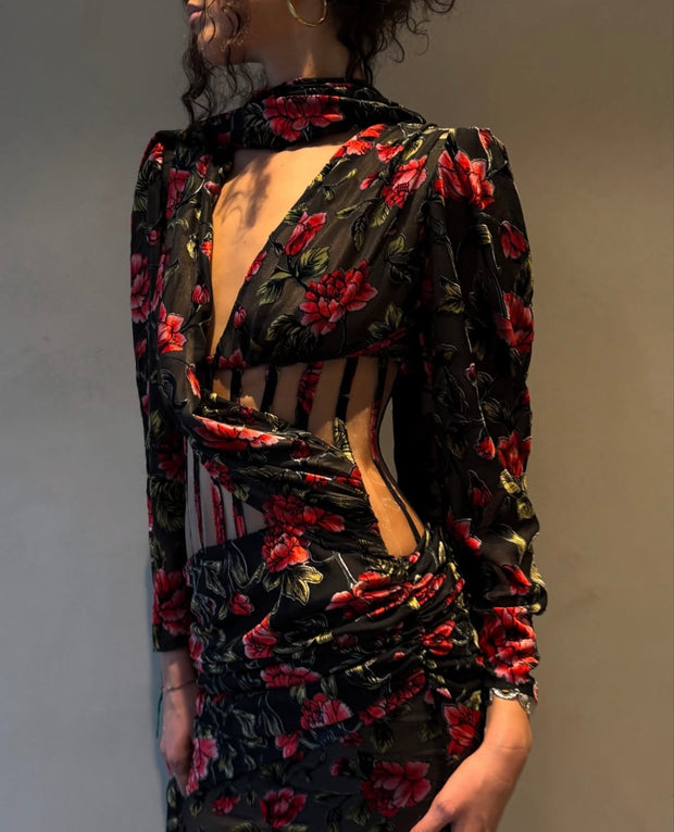 Sexy Fashion Long Sleeve Fish Bone Print Hollow out V-neck Dress