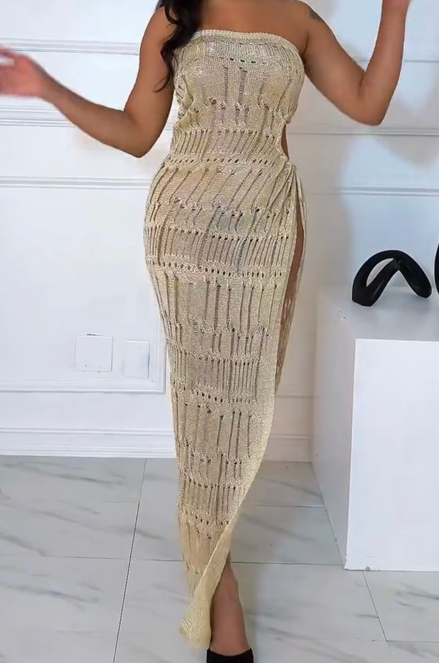Sexy Tube Top Knitted Slit Sheath Dress