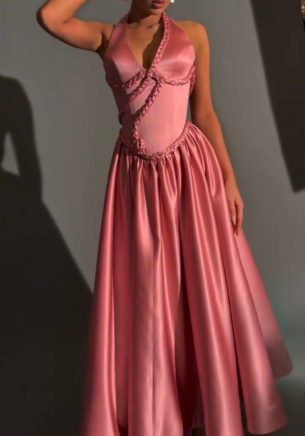 Elegant Halter Lash Rope Satin Dress