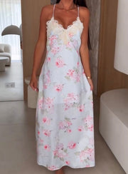 Lace Stitching Printing Strap Temperament Dress