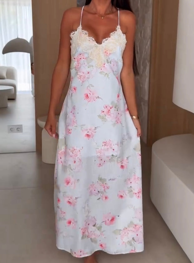 Lace Stitching Printing Strap Temperament Dress