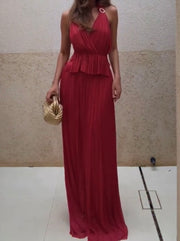 Elegant Halter Backless V-neck Pleated Dress