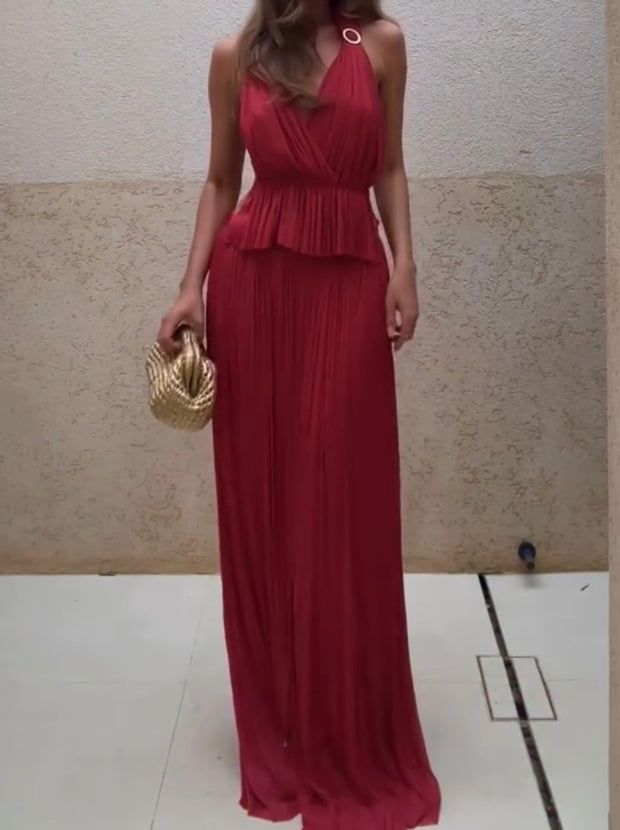 Elegant Halter Backless V-neck Pleated Dress