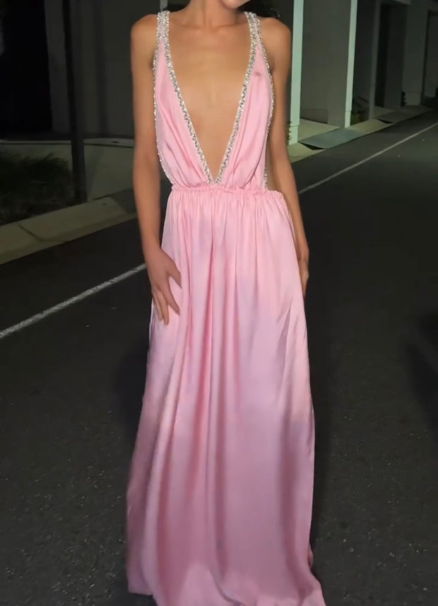 Sexy Sling Deep V Diamond Edge Girdle Bare Back Dress