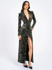 Fashion Long Sleeve Waist Button Deep V Printed Woolen Coat