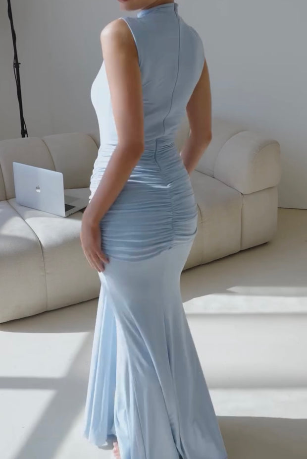 Fashion Solid Color round Neck Sleeveless Tied Slim Fit Hip Bag Dress
