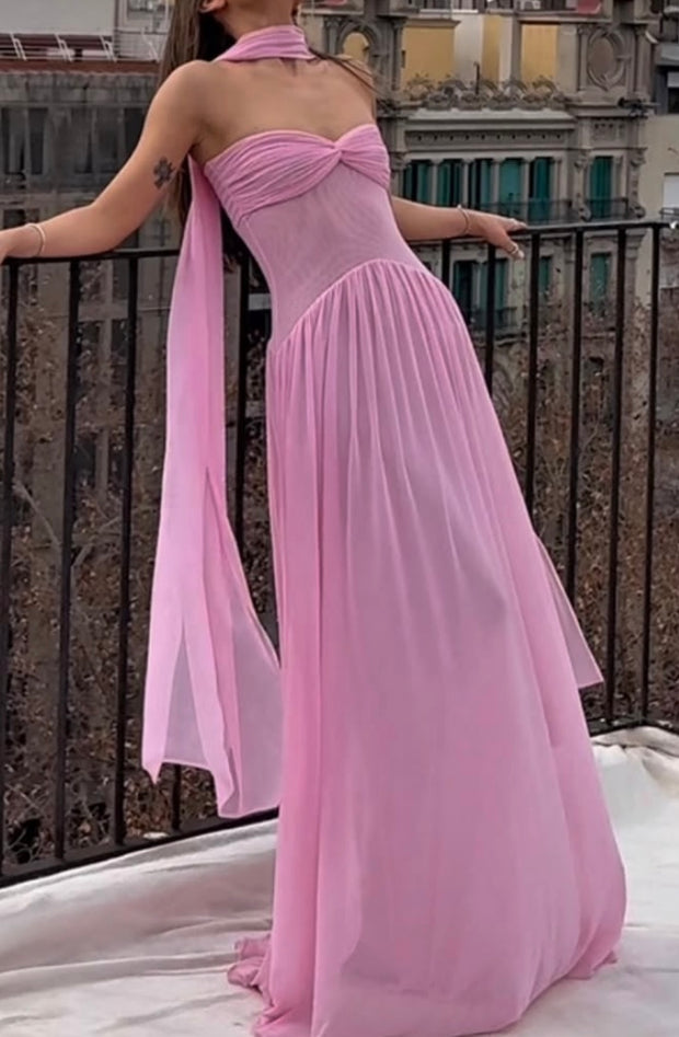 Sexy Sleeveless Shoulder Strap Wrapped Chest Mesh Stitching Dress