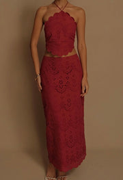 Sexy Backless Embroidery Hollow-out Halter Dress
