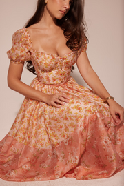 Peach Poppy Print Puff Sleeve Midi Sundress