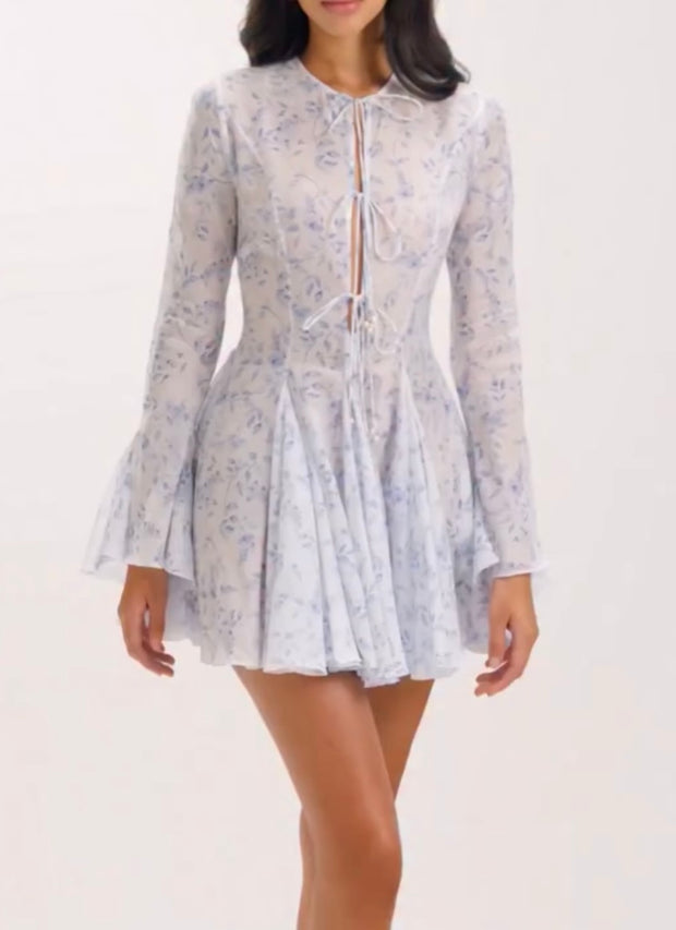 Long Sleeve Floral Tight Waist Button Dress
