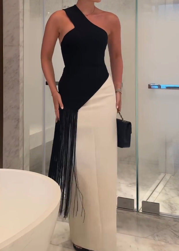 Elegant One-Shoulder Black and White Double-Piece Tassel Dress