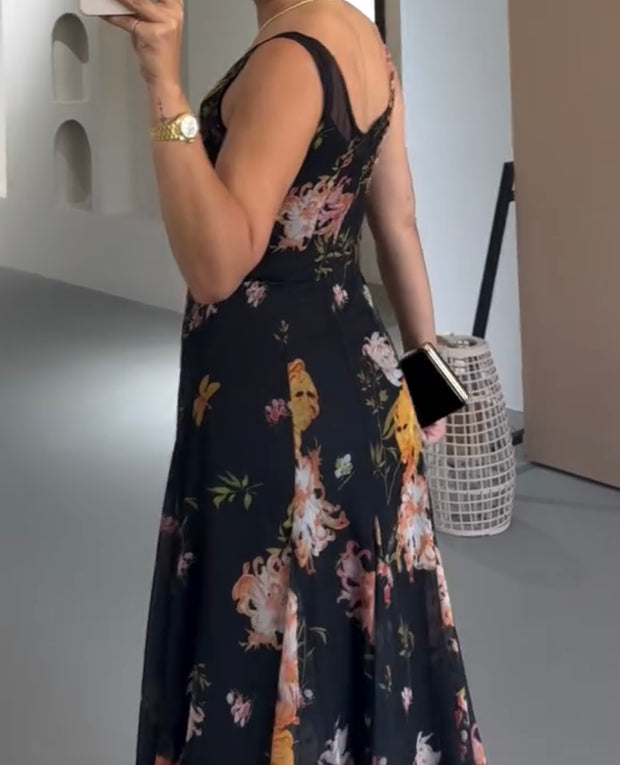 Fashion Sexy Backless V-neck Sleeveless Printed Dress