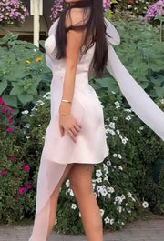 Elegant Oblique Shoulder Mesh Ribbon Dress