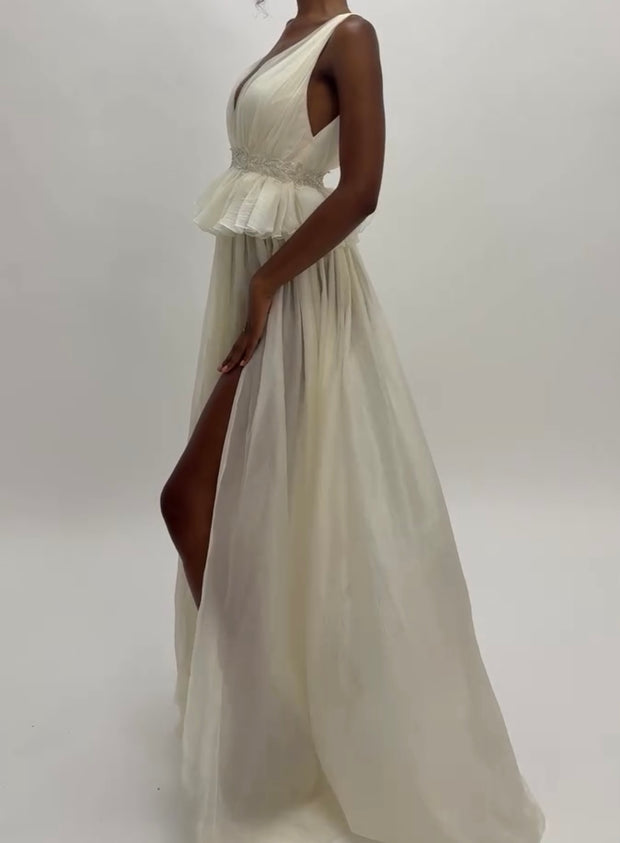 Halter Deep V Micro Transparent Bare Back Sexy Elegant Pleated Mesh Dress