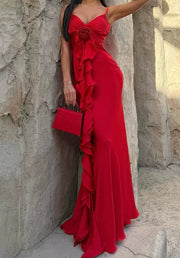 Fashionable Elegant Slim-Fit Flower Ribbon Satin Sling Dress
