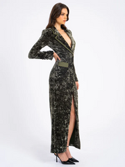 Fashion Long Sleeve Waist Button Deep V Printed Woolen Coat