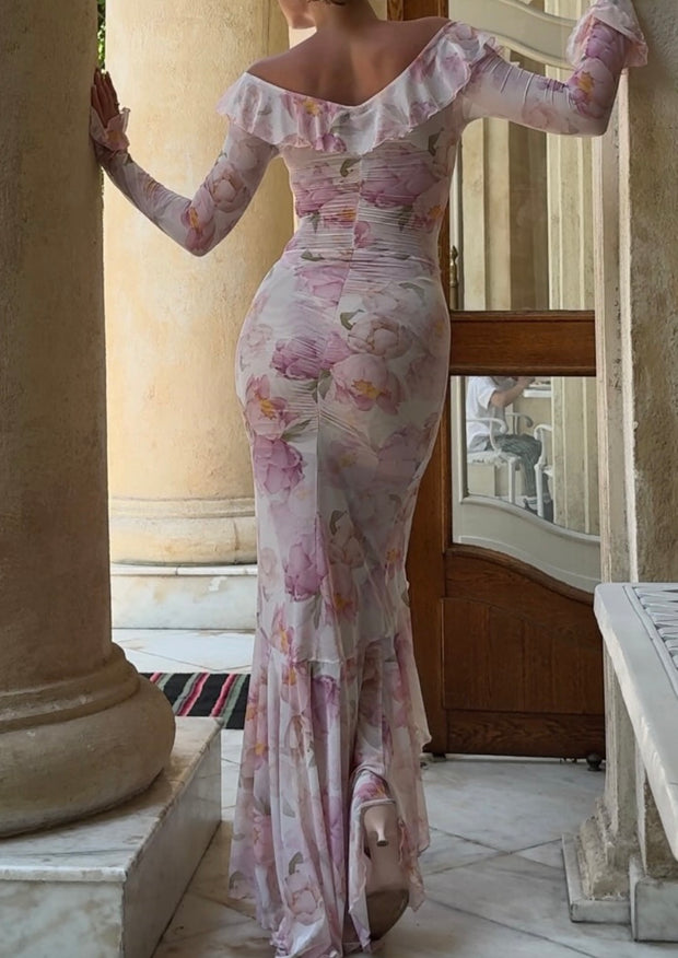 off-Shoulder Ruffled Short Sleeves Butterfly Print Fishtail Pure Waist Sheath Dress