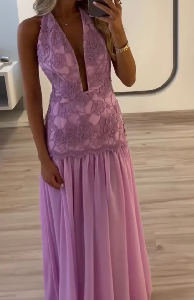 Sexy Halter Sleeveless V-neck Embroidery Flower Dress