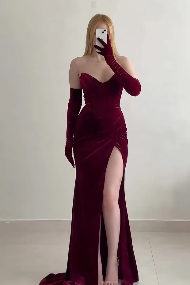 Sexy off-the-Shoulder Low-Cut Slim Fit High Slit Evening Dress (with Sleeves)