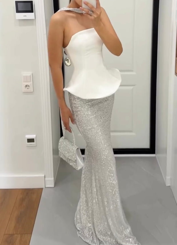 Sexy Tube Top with Curved Edges Stitching Silver Shiny Dress