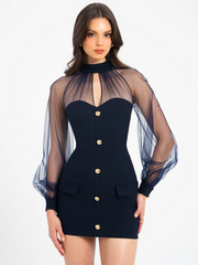 Sexy Long Sleeve See-through Stitching Elegant Mini Skirt