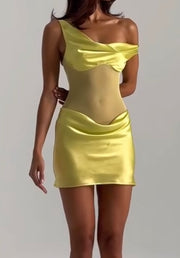 Fashionable Elegant Silk-like Shoulder Sleeveless Hip Skirt Stitching Mesh Dress