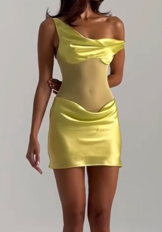 Fashionable Elegant Silk-like Shoulder Sleeveless Hip Skirt Stitching Mesh Dress