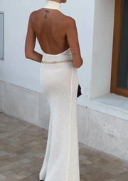 Temperament Crew Neck Knitted Sleeveless Backless Dress