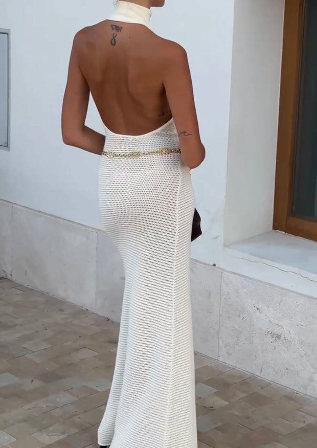 Temperament Crew Neck Knitted Sleeveless Backless Dress