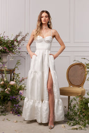 The Lucetta Dress in White Windsor Brocade