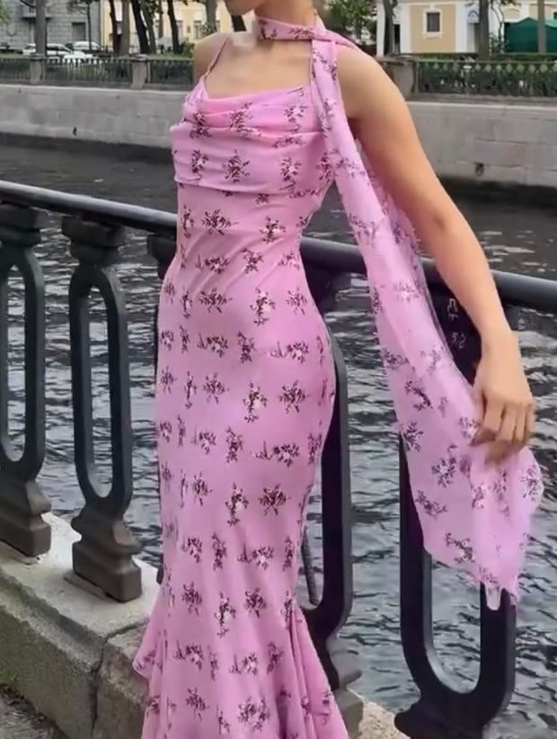 Sexy Pink Floral Swing Collar Dress