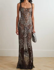 Sexy Straps Tulle Exquisite Rhinestone See-through Dress