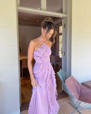 Pleated Ruffled Halter Backless A- Hem Chiffon Elegant Dress