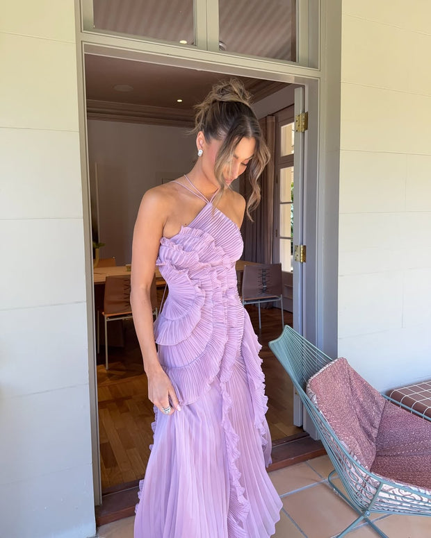 Pleated Ruffled Halter Backless A- Hem Chiffon Elegant Dress